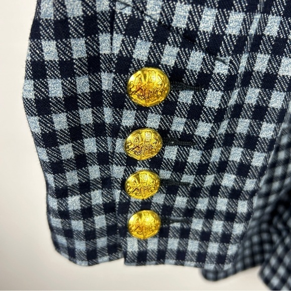 Cabi Checkup Gingham Longline Gold Button Blazer Jacket Medium Navy - Picture 8 of 14